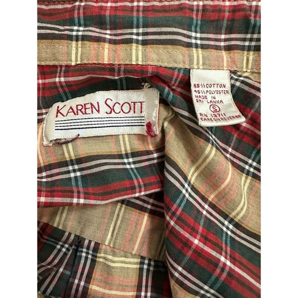 Karen Scott Women's Plaid Long Sleeve Button Up Top with Floral Embroidery Sz S - Picture 3 of 4